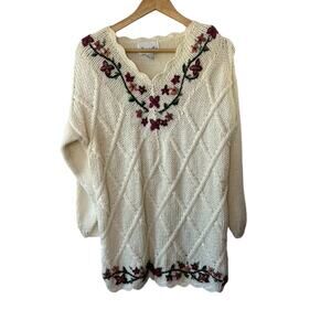 Vintage Kimberly Hope White & Pink Floral Knit Grandma Sweater Women's Large